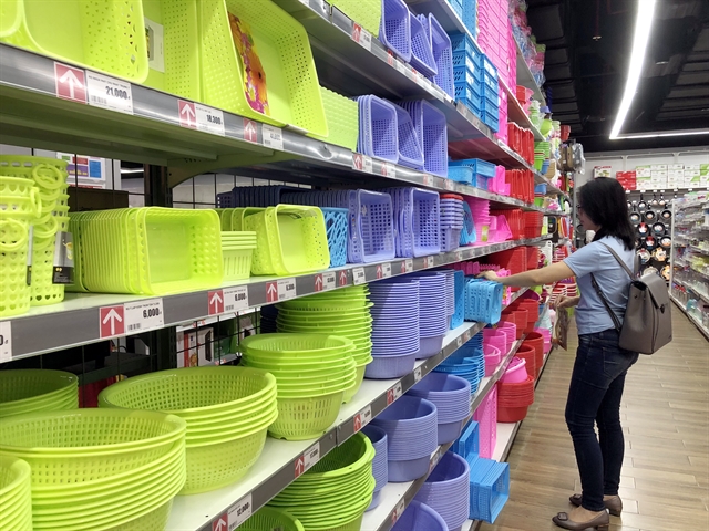 Plastic products at a supermarket in HCM City. The plastic industry is very hopeful of meeting this year’s export target of $3.2 billion.